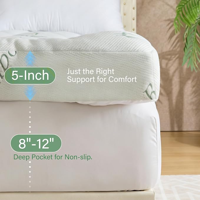 WhatsBedding 5 Inch Memory Foam Mattress Topper King Size for Back Pain Relief, Cooling Bamboo Viscose Air Layer, Supportive Pillow Top Mattress Topper