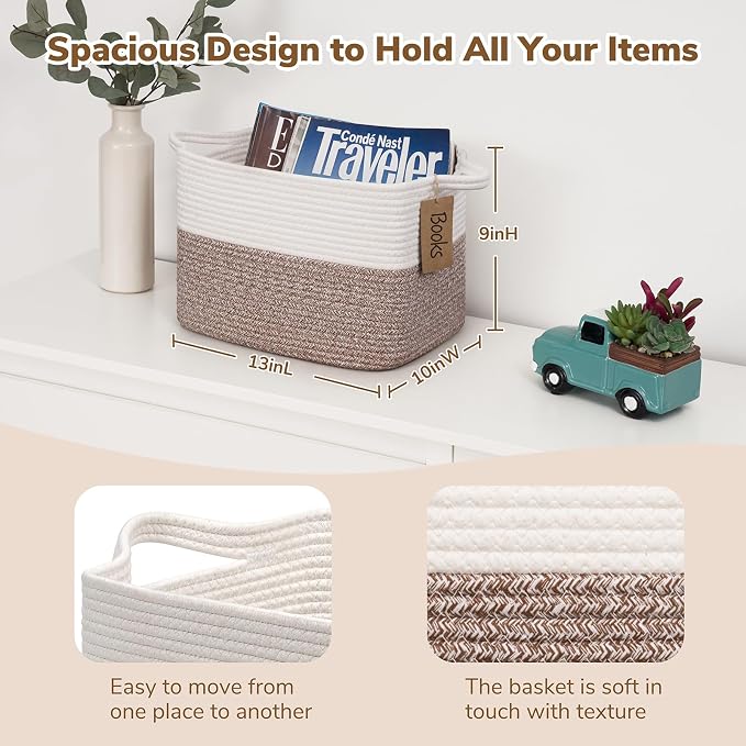Goodpick Woven Rope Storage Basket for Shelves, Rectangle, Brown | 13" × 10" × 9" Stylish Gift Basket for Bedroom & Living Room Organization, Cotton Rope Baskets for Toys & Towels Storage
