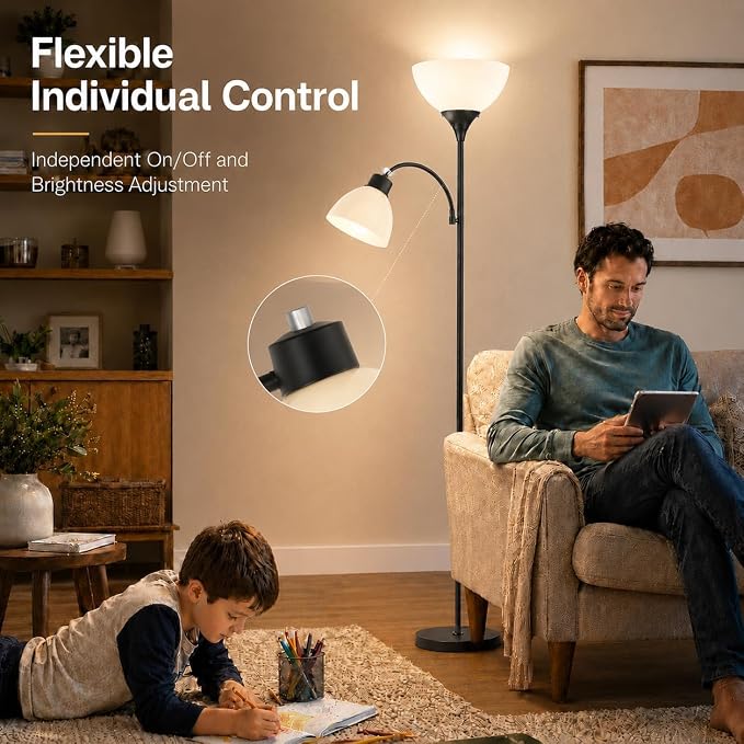 GERGO Led Floor Lamp, Super Bright 11W+7W 2100LM Torchiere Floor Lamps for Living Room, Stepless Adjustable 4 Color Temperatures 3000K-6000K with Remote Control for Bedroom (Matte Black) | 2 LED Bulbs Included, 2100LM Brightness, Stepless Dimming & 300...