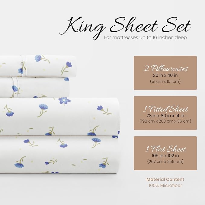 Linen Market Double-Brushed Patterned Microfiber King Sheet Set 4 Piece – Oeko-TEX Certified Ultra Soft & Wrinkle-Free - 16" Deep Pocket Sheets - Easy Care King Size - Soft Floral Light Blue