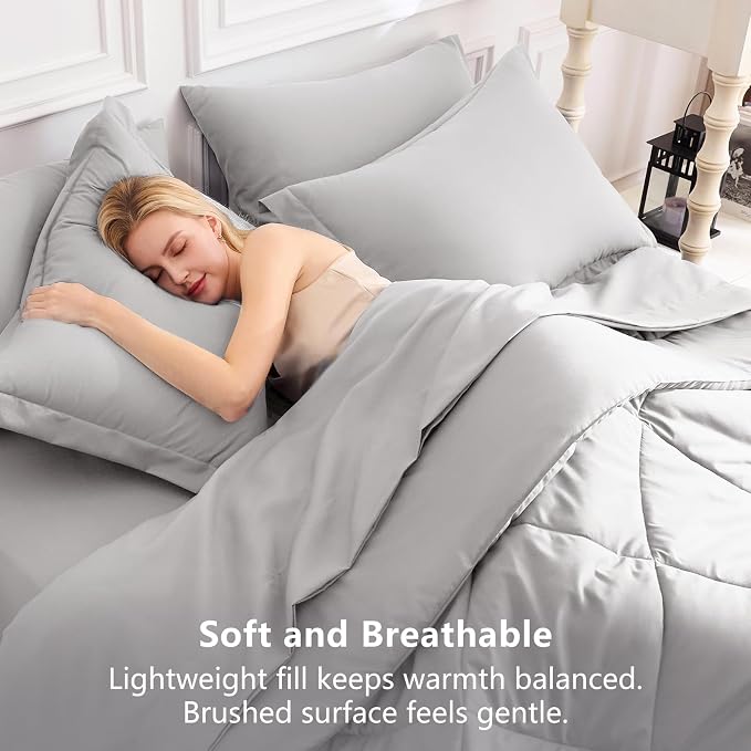 Oversized Queen Comforter Set French Grey - 7 Pieces Bed in a Bag | OEKO-TEX Certified, All Season, 240GSM Down-Alternative Comforter, Sheets, Pillowcases & Shams, 14" Deep Pocket, Easy Care
