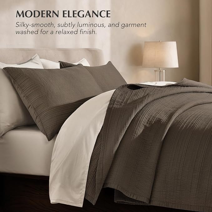 EVERGRACEHOME Cotton Sateen Channel Quilt Set, King Size, Espresso Brown | 100% Cotton, Pre-Washed Soft Coverlet Bedspread, 3-Piece Refined Channel Stitch Bedding Set for All Season, 2 Pillow Shams