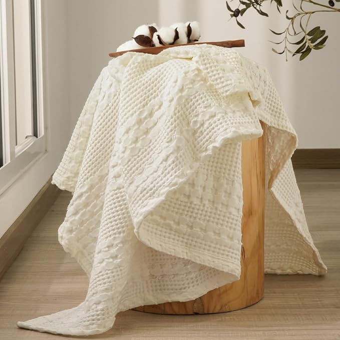 PHF Lightweight 100% Cotton Waffle Throw Blanket for Couch, Cannoli Cream | Pre-Washed Soft Cotton Comfort, Breathable Layering Warmth for Fall & Winter, Office, Travel, Sofa, Home Decor & Gifts