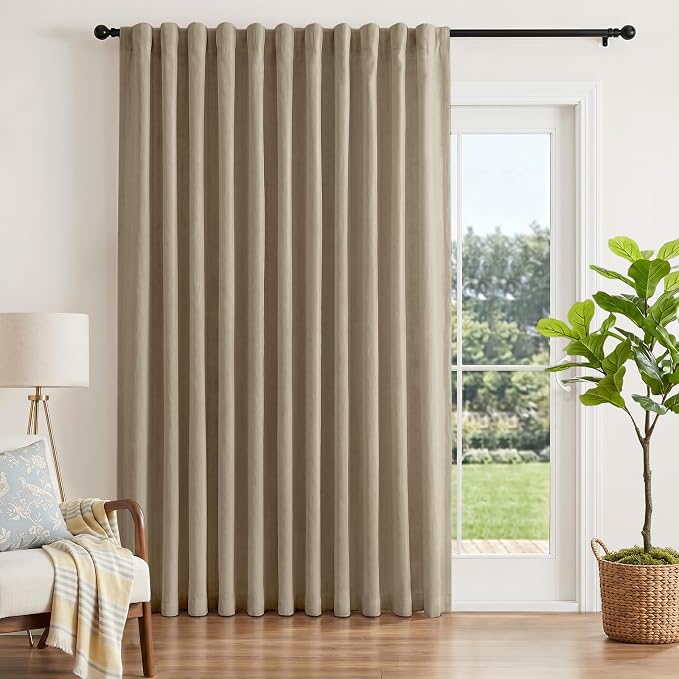INOVADAY Extra Wide 100% Blackout Linen Curtains 102x90 Earthy Beige | Linen Textured, Light Blocking, Room Darkening, Thermal Insulated, Back Tab Top, Window Curtains for Sliding Door, 1 Panel