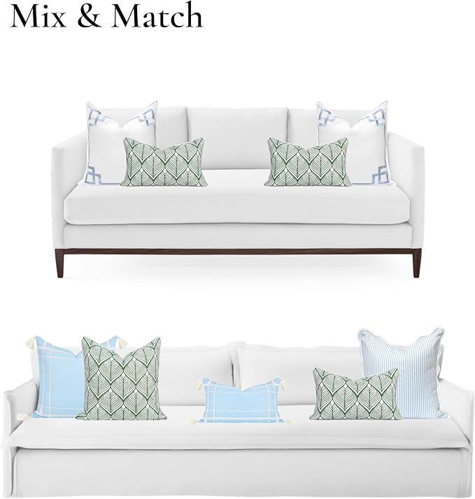 Hofdeco Premium Coastal Patio Indoor Outdoor Lumbar Pillow Cover Only, 12"x20" Water Repellent for Backyard, Couch, Green Print Geometric Leafs