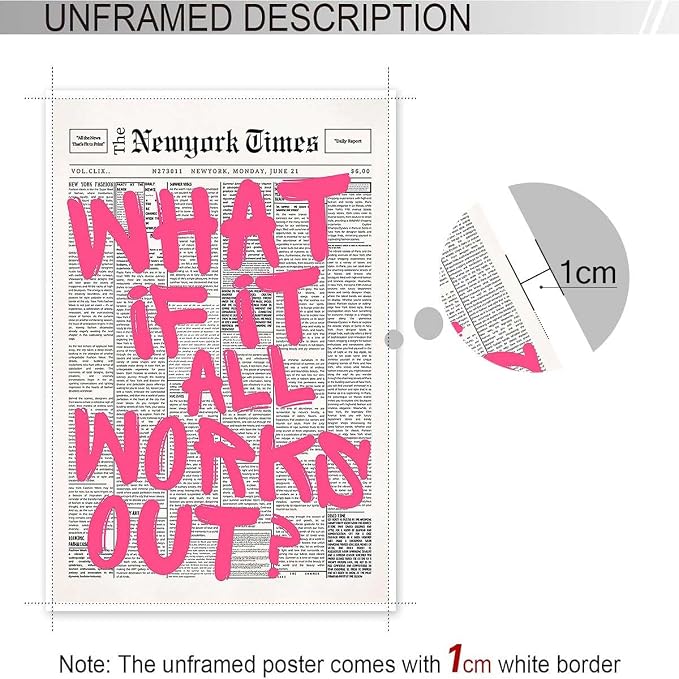 Drimiler Retro Newspaper Pink Font Poster What If It All Works Out Canvas Wall Art Positive Affirming Quote Minimalist Prints Painting For Home Bedroom Dorm Wall Decor 24x36in Unframed