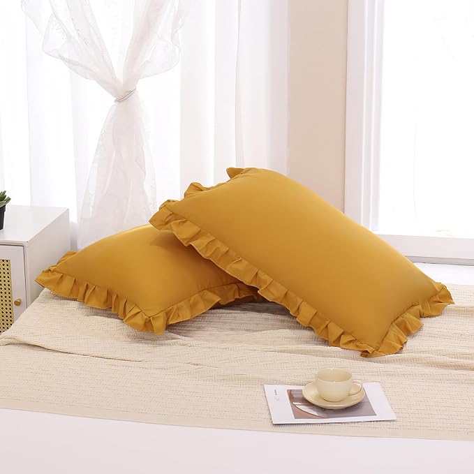 Merryword Mustard Yellow Pillowcases Standard Pillowcases 20x26inch Set of 2 Ruffle Pillow Shams Cute Pillow Covers Solid Yellow Shabby Chic Pillowcases
