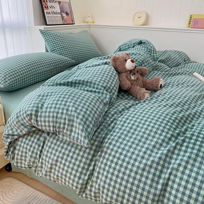 LifeTB Twin XL Comforter Set Green Gingham Comforter for Men Boys Geometric Plaid Comforter Set Fluffy Soft Plaid Gingham Bedding Set Green Blue Grid Checkered Pattern Comforter with 2 Pillowcases