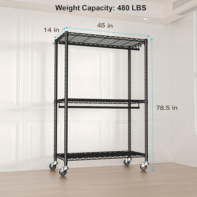 FUTASSI Rolling Clothes Rack, Clothing Racks for Hanging Clothes, Black | P3 Plus Heavy Duty Garment Rack with Wheels, Freestanding Portable Closet Racks 45" W x 14" D x 78.5" H, Max Load 480 LBS