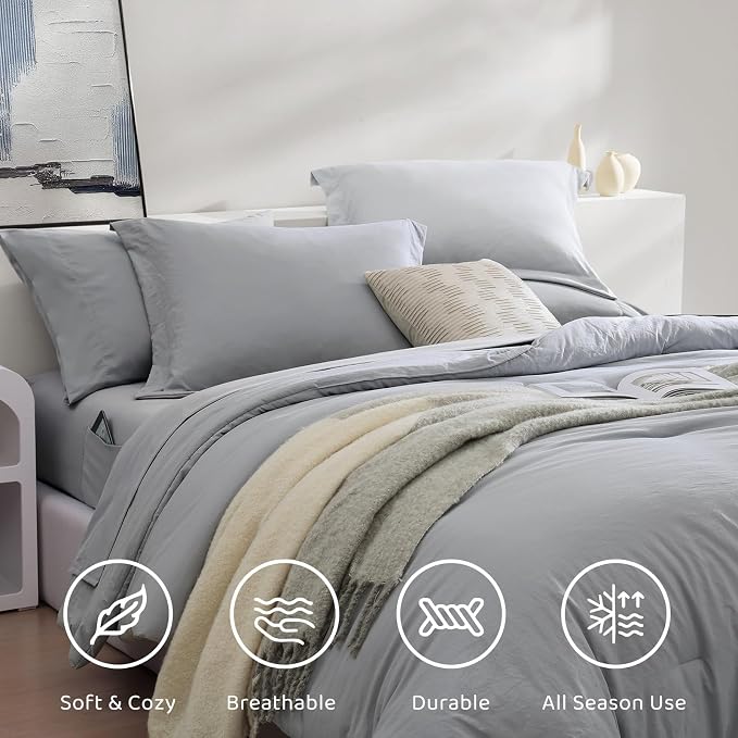 King Size Comforter Set- 7 Pieces Prewashed Bed in a Bag King Bedding Sets | Soft All Season Comforter with Sheets, Pillow Shams & Pillowcases, Light Grey