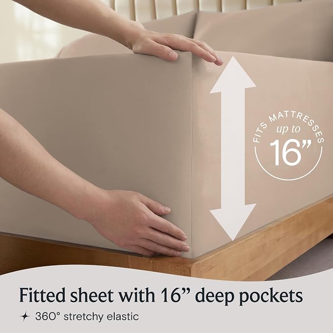 LuxClub 5 PC Split King Sheet Set, Deep Pockets Wrinkle Free Cooling Bed Sheets Hotel Bedding for Women, Men, Includes 2 Fitted Sheet, 1 Flat Sheet and 2 PillowcasesSoft Light Khaki | LuxClub Silky Fitted Sheet & Pillowcase Sets, Breathable Hotel Luxur...