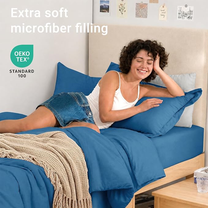 5 Pieces Twin XL Comforter Set, Soft Bed in a Bag Twin XL Size, All Season Bedding Set with Comforter, Flat Sheet, Fitted Sheet, Pillowcases & Shams, Bluish Green