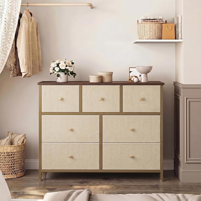 OLIXIS 7 Drawer Fabric Dresser, Storage Tower for Bedroom and Closet | Easy-Pull Bins for Closet Organizers, Chest of Drawers with Steel Frame & Wooden Top for Living Room, Entryway, Khaki