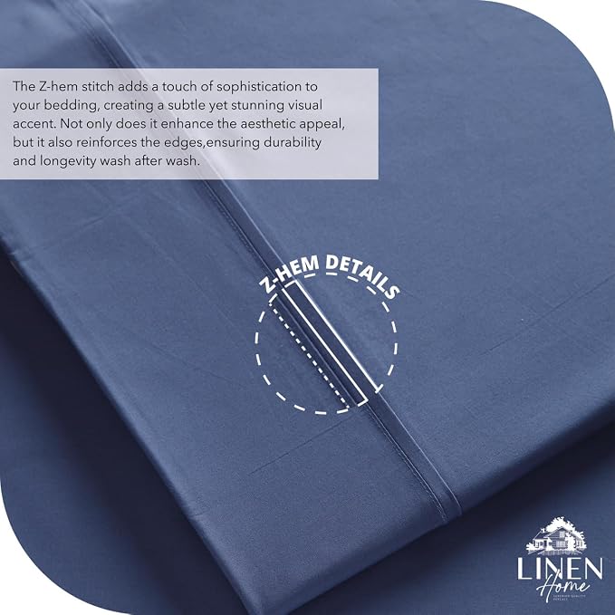 Linen Home 4 Piece Twin Cotton Sheet Set, 100% Cotton Percale, 2 Pillowcases, Deep Pocket with All Around Elastic Sheet, Crisp Breathable Bedding, Hotel Luxury, Long-Staple Combed Cotton, Dark Blue