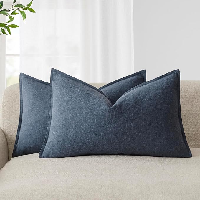 Foindtower Decorative Linen Lumbar Throw Pillow Covers 12x20 Inch Navy Blue | Pack of 2 Boho Farmhouse Pillowcase,Accent Neutral Solid Cushion Covers,Morden Home Decor for Couch Sofa Bedroom Living Room