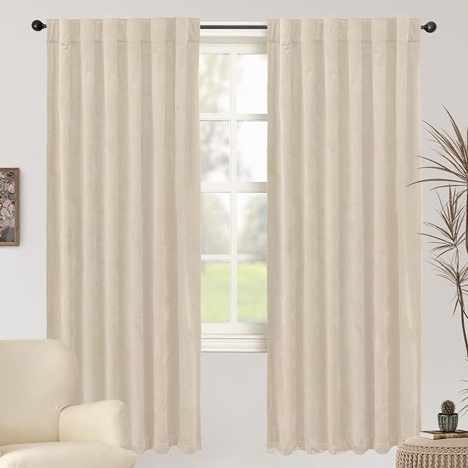 BGment Cream Beige Velvet Blackout Curtains 72 Inch Length for Bedroom | Elegant, Thermal Insulated, Room Darkening, Super Soft, Drapes for Living Room, Back Tab Rod Pocket, 2 Panels, 52 x 72 Inch