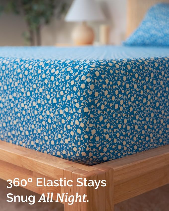 Twin 3 Piece Floral Sheet Set - Breathable & Cooling - Blue Cornflower | 1 Flat, 1 Fitted & 1 Pillowcase w/ Deep Pockets, Boho Botanical Floral Bedding, Breathable & Cooling, Wrinkle & Fade Free