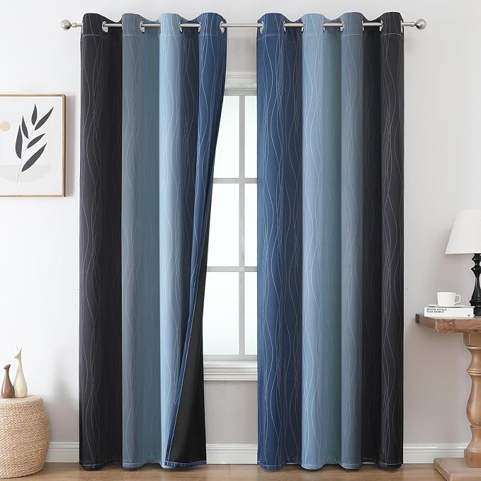 Navy Blue and Black Ombre Blackout Curtains for Living Room 96 Inch Length | Estelar Textiler Room Darkening Curtains for Bedroom,Thermal Insulated,Energy Saving,Grommet Window Drapes,52Wx96L,2 Panels