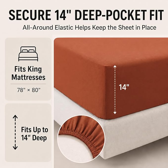 King Size Comforter Set Terracotta - 7 Pieces Orange Bed in a Bag | OEKO-TEX Certified, All-Season, Bedroom, Guest Room, Down-Alternative Comforter + Flat & Fitted Sheets + 4 Pillowcases