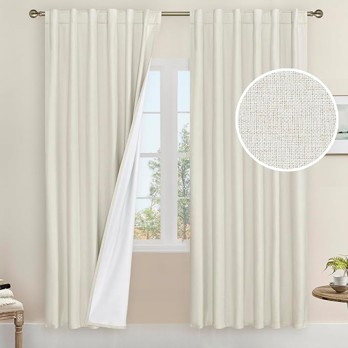 Natural 100% Blackout Linen Curtains 78 Inches, 52 x 78 Inch | Ivory, Thermal Insulated, Curtains for Bedroom, Farmhouse, Rod Pocket Back Tab, Neutral Drapes with White Liner, 2 Panels