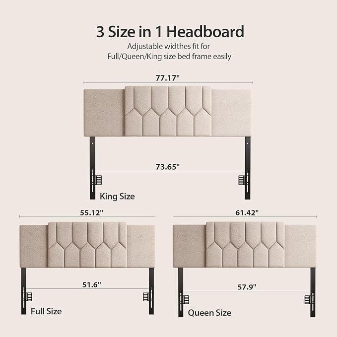 Upholstered Tufted Headboard, 3 in 1 Headboard for Full/Queen/King Size Bed, Height & Width Adjustable Head Board, Attach Frame, Study & Comfortable, Ideal for Bedroom, Dorm, Guest Room, Beige
