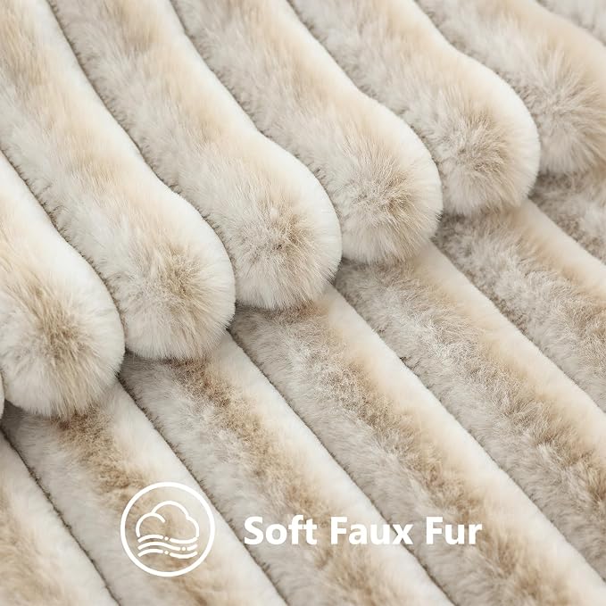 decorUhome Fall Faux Fur Throw Pillow Covers 26x26 Set of 2 Beige White | Decorative Soft Cozy Striped Plush Modern Farmhouse Boho Couch Pillow Cases Velvet Back for Sofa Bed Living Room Home Decor