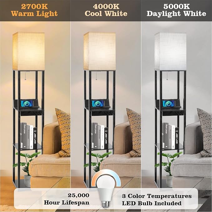 Floor Lamp with Shelves, RUNTOP LED Shelf Floor Lamp with Wireless Charger & 2 Charging USB Ports & Drawer, AC Outlet, 3 Color Temperature Tall Standing Lamp with Bulb for Living Room, Bedroom, Office
