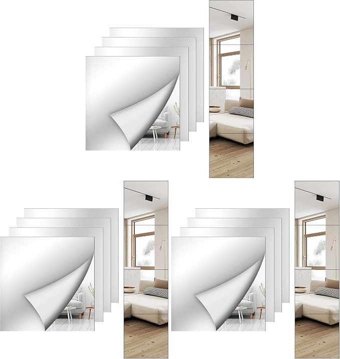 Shiftshade 12 Pack Wall Mirror Full Length, 12 x 12 Inch Acrylic Mirror Tiles, Shatterproof Flexible Plastic Mirror Sheets for Bedroom Home Gym Door