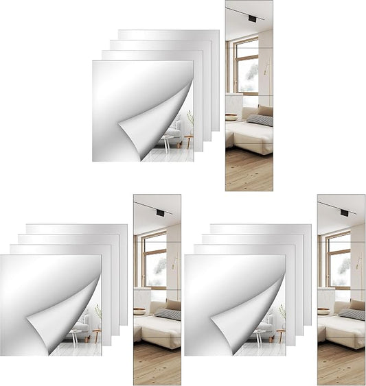 Shiftshade 12 Pack Wall Mirror Full Length, 12 x 12 Inch Acrylic Mirror Tiles, Shatterproof Flexible Plastic Mirror Sheets for Bedroom Home Gym Door