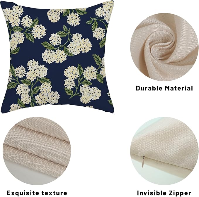 Navy Blue Spring Pillow Covers 18x18 Inch 2 Pcs Green Yellow Hydrangea Flower Decor Throw Pillows Vintage Floral Seasonal Summer Outdoor Decoration Pillowcase Linen Cushion Cover for Couch Sofa