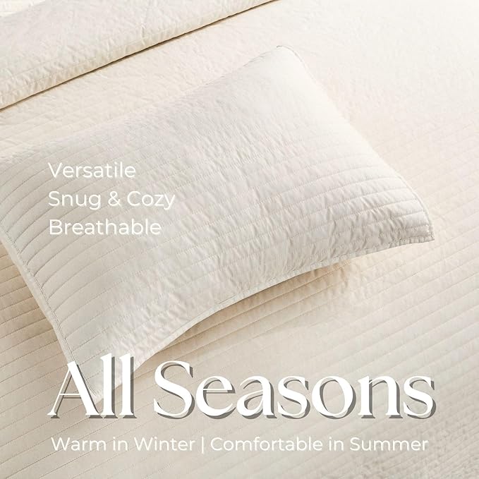 DOWN HOME Queen Quilt Bedding Set with Shams, Vintage Washed Soft Quilted Blanket Thin Comforter Lightweight Bedspread Coverlet Bed Cover, Brushed Microfiber Stripe Stitching, Linen White, 86"x90"