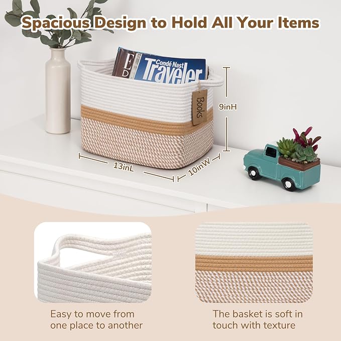 Goodpick Woven Rope Storage Basket for Shelves, White & Camel Mix | 13" × 10" × 9" Stylish Gift Basket for Home Decor, Cotton Rope Baskets for Toys & Magazines Storage, Reinforced Handles