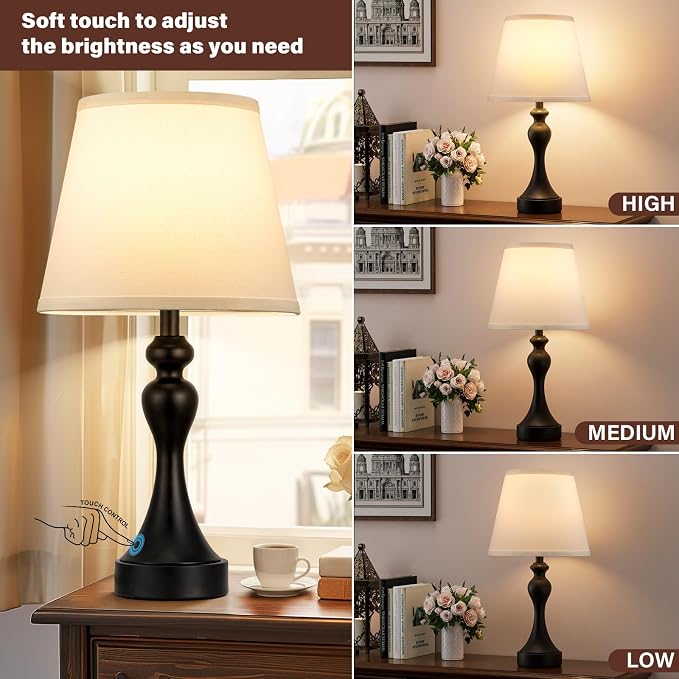 Touch Lamps for Nightstand, 3 Way Dimmable Bedside Lamps with USB C+A Ports | Touch Control, LED Bulb Included, Small Black Table Lamp for Bedroom, Night Stands, End Table, Gift，Corded，White Shade