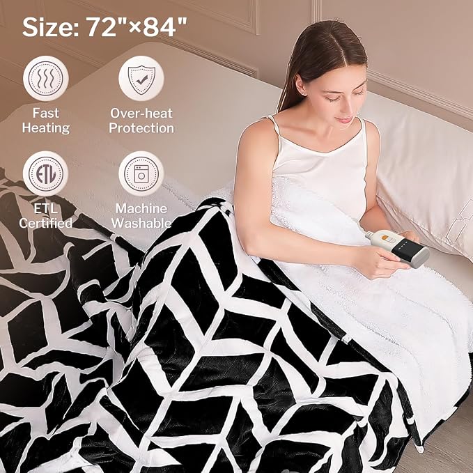 VENTIMI Heated Blanket Full, 9 Heat Levels & 2-10 Hours Auto Off, Black | ETL & FCC, Fast Warming, 72" x 84", Flannel and Sherpa, Couch Bed Use, Machine Washable, Removable Controller