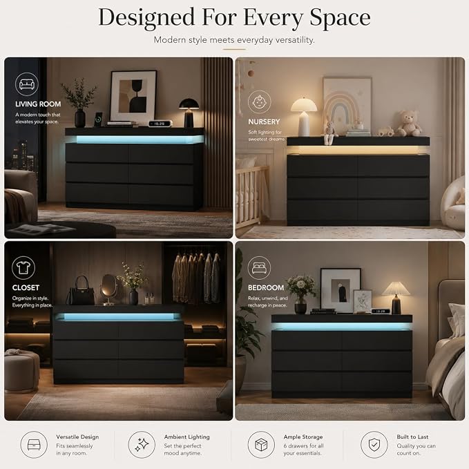 6 Drawer Dresser with LED Lights & Charging Station, Modern Floating Black Dresser for Bedroom, Smart Storage Chest with 2 AC Outlets & USB Ports for Living Room, Closet, Entryway