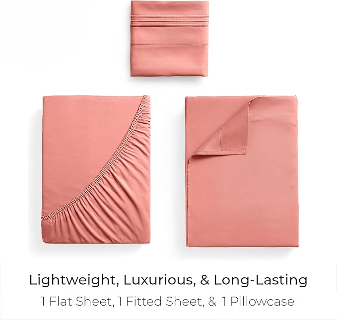 Mellanni Iconic 3-Piece, Ultra Soft Sheet Set (Twin, Coral) | 10M+ Sleepers. Lab-tested: Sleeps Cool, Stays Bright, Strong, Smooth. Good Housekeeping Best Bedding, 7 yrs running.
