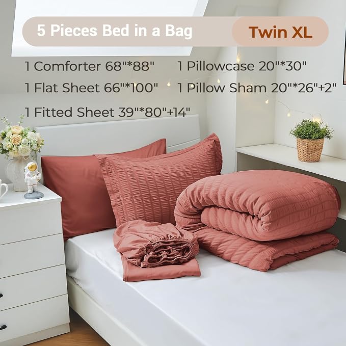 5 Pieces Twin XL Comforter Set, Seersucker Bed in a Bag Twin XL Size, All Season Luxury Bedding Set with Comforter, Flat Sheet, Fitted Sheet, Pillowcase & Sham, Coral