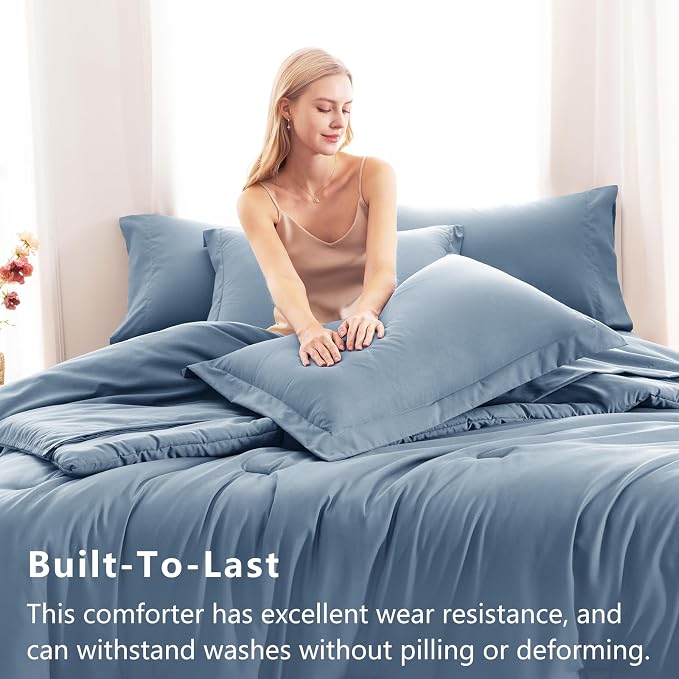 Twin XL Comforter Grayish Blue, 5 Pieces Bed in a Bag | College Dorm Essentials, OEKO-TEX Certified, 240GSM Down Alternative Comforter, Flat & Fitted Sheets, Pillowcase & Sham