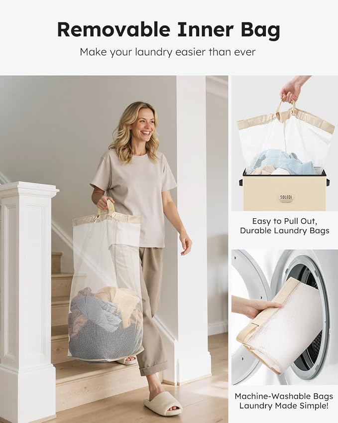 SOLEDI Laundry Hamper with Lid 100L Large & Tall Collapsible Laundry Basket, Clothes Hamper with Bag Removable Easy to Carry, Dirty Hampers for Bedroom, Bathroom, Dorm, College, Beige