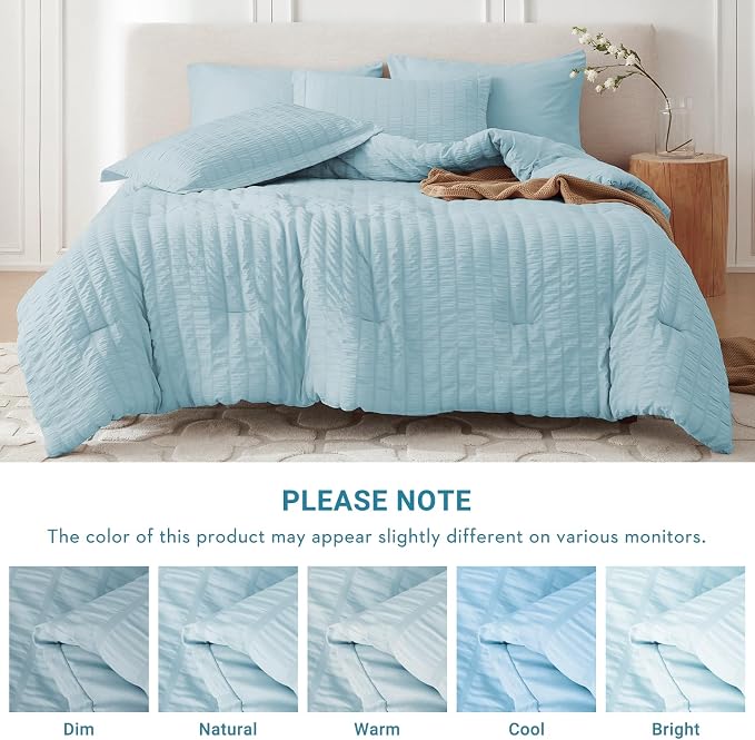 7 Pieces Queen Comforter Set, Seersucker Bed in a Bag Queen Size, All Season Luxury Bedding Set with Comforter, Flat Sheet, Fitted Sheet, Pillowcases & Shams, Lake Blue