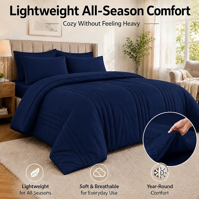 Full Comforter Set Navy - Bed in a Bag Full Size 7 Pieces, Soft Bedding Set for All Seasons, Premium Comforter Set with Comforter, Sheets, Pillowcases & Shams