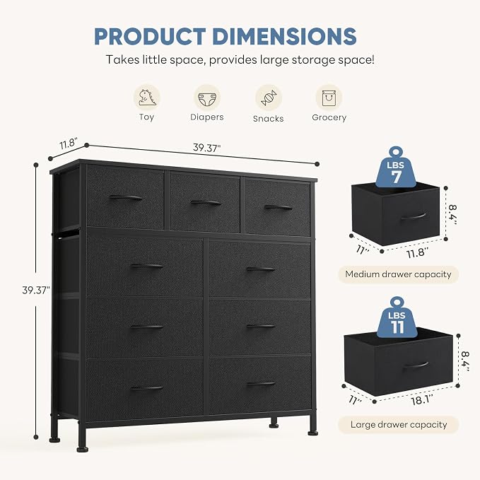 DUMOS 9 Drawer Dresser for Bedroom, Chest of Drawers | Fabric Storage Organizer, Sturdy Metal Frame Wooden Top, Closet Entryway Guest Room, Matte Black