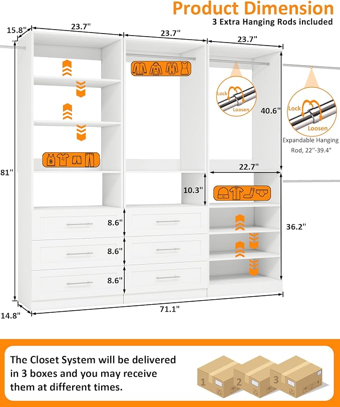 Closet System with 3 Sets, 6–15 FT Closet Organizer System with 6 Drawers, 9 Shelves & 5 Rods, Walk-In Modular Closet System, Custom Built-In Closet Kit, White