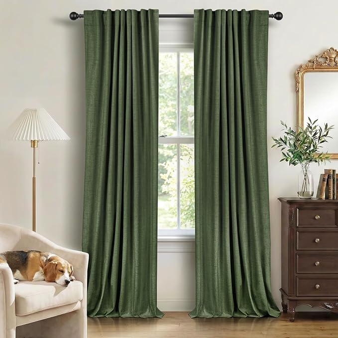 Faux Linen Total Blackout Curtains for Bedroom 84 Inches Long, Moss Green | 100% Blackout Shield, Back Tab/Rod Pocket Living Room Drapes, Thermal Insulated Blackout Curtains 2 Panels Set, 50"W x 84"L