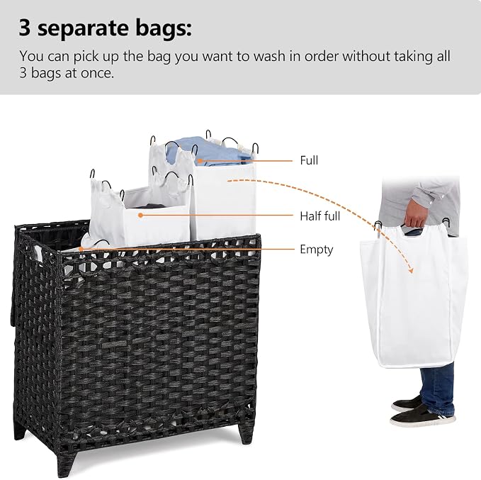 Laundry Hamper with 3 Removable Liner Bags, 132L Laundry Sorter with Lid | Raised Feet; Side Carry Handles; Handwoven PP Rattan; Rust-Resistant Iron Frame; Decorative Woven Design