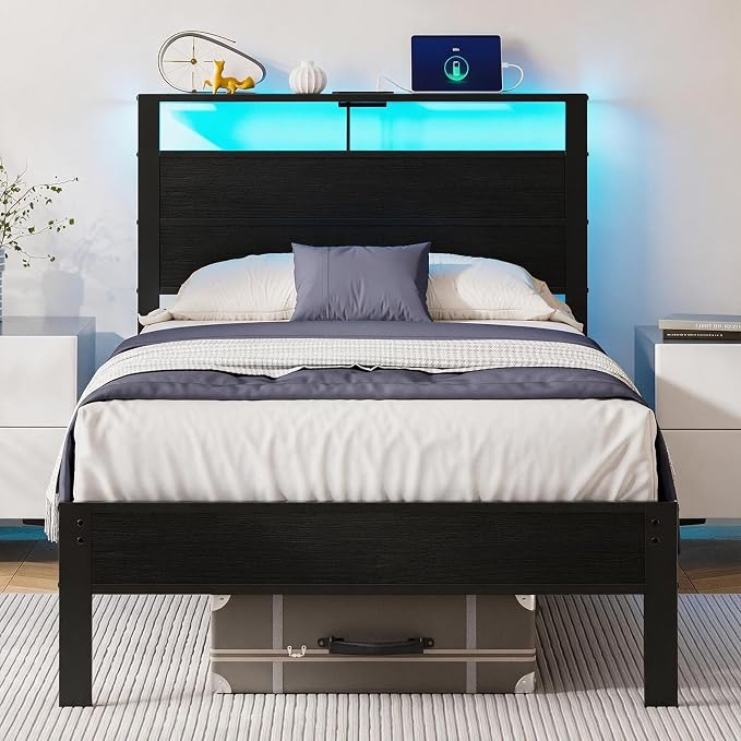 Twin Size Bed Frame with LED Lights and USB Charging Station | Black Metal Platform Bed with Storage Headboard, Noise Free, No Box Spring Needed, Easy Assembly
