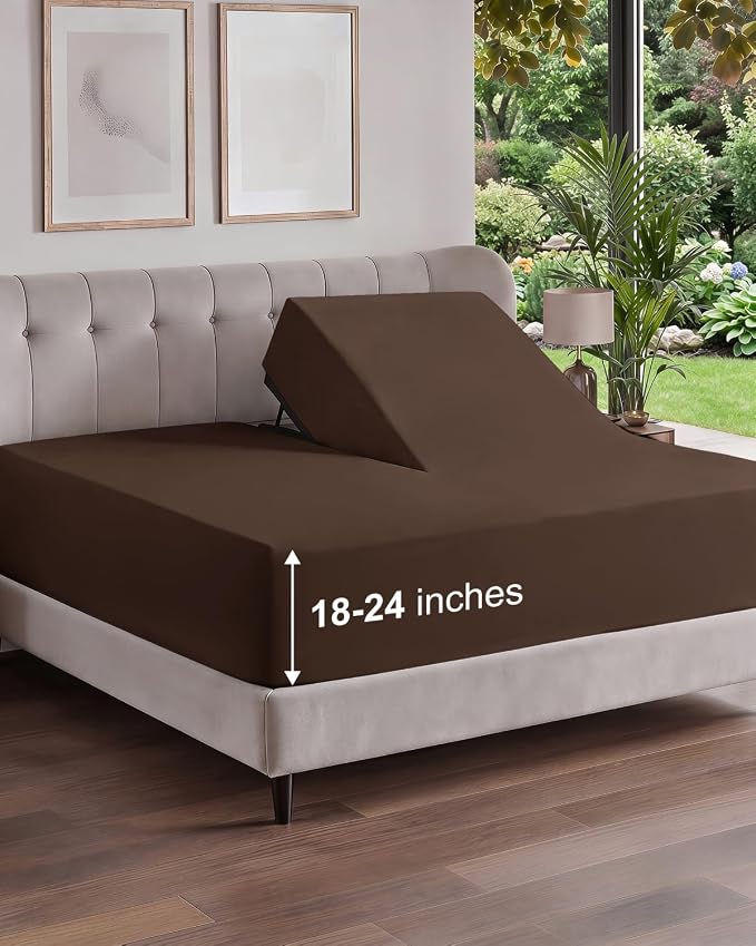 Extra Deep Flex Top Split Head King Fitted Sheet Only - Brown | Easily Fits 18 inch to 24 inch Mattress, Soft, Wrinkle Free, Breathable & Comfy, Extra Deep Pockets Hotel Luxury Fitted Sheet