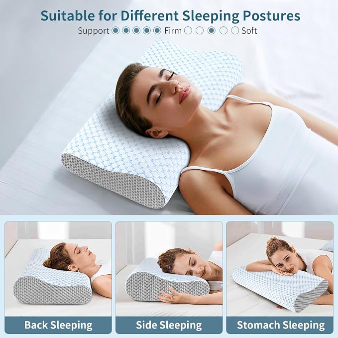 Cervical Pillow for Neck Pain Relief, Contour Memory Foam Pillows for Sleeping, Ergonomic Pillow Cooling Pillow Bed Pillow Neck Support for Side Back Stomach Sleepers (Blue & Grey, Queen Size)