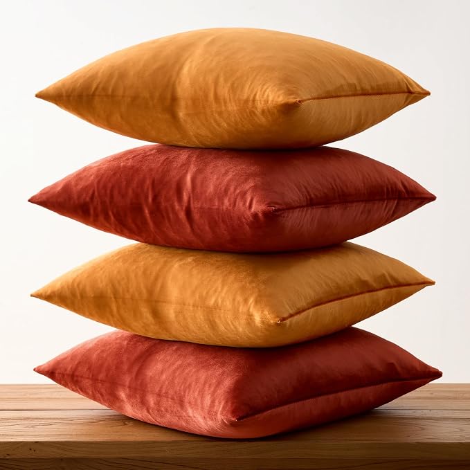 GIGIZAZA Pack of 4 Decorative Velvet Pillow Covers 18x18 Orange | Throw Pillows for Couch Sofa,280gsm Soft Textured Fabric,Modern Accent Pillowcases,Luxury Living Room Cushion Covers