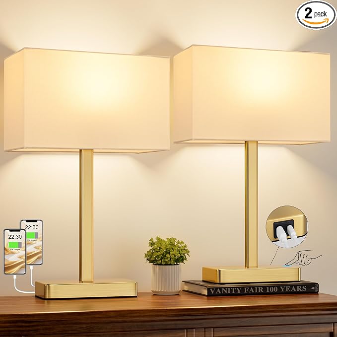 Hong-in Touch Lamps for Bedroom, Bedside Table Lamps Set 2, D. White&Gold | Modern Table Lamp for Nightstands, Desk Lamp for Bedroom, with USB C+A, End Tables Bed Side, Bulb Included, 3 Way Dimmable